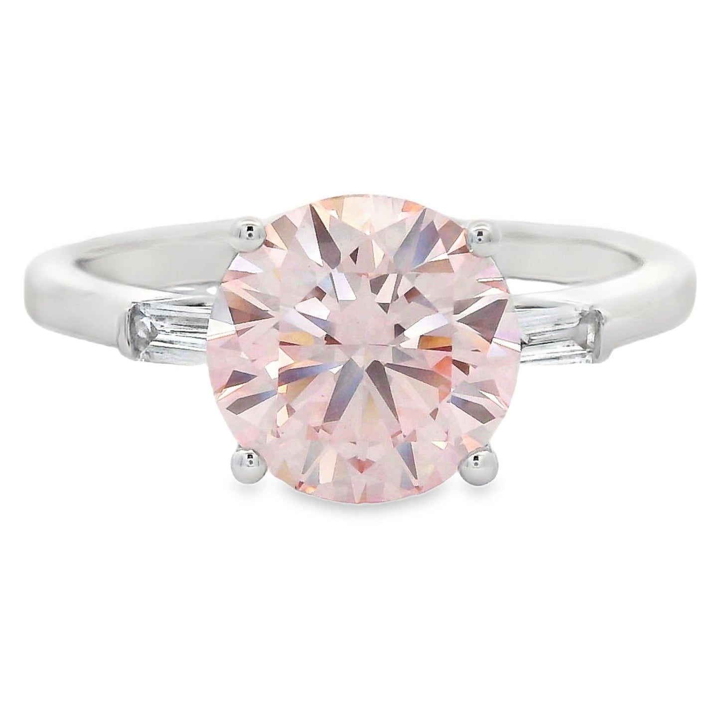 Round Pink Lab Grown Diamond Engagement Ring Baguette Sides 14kt White Gold 2.25cttw - Gems by Gigi