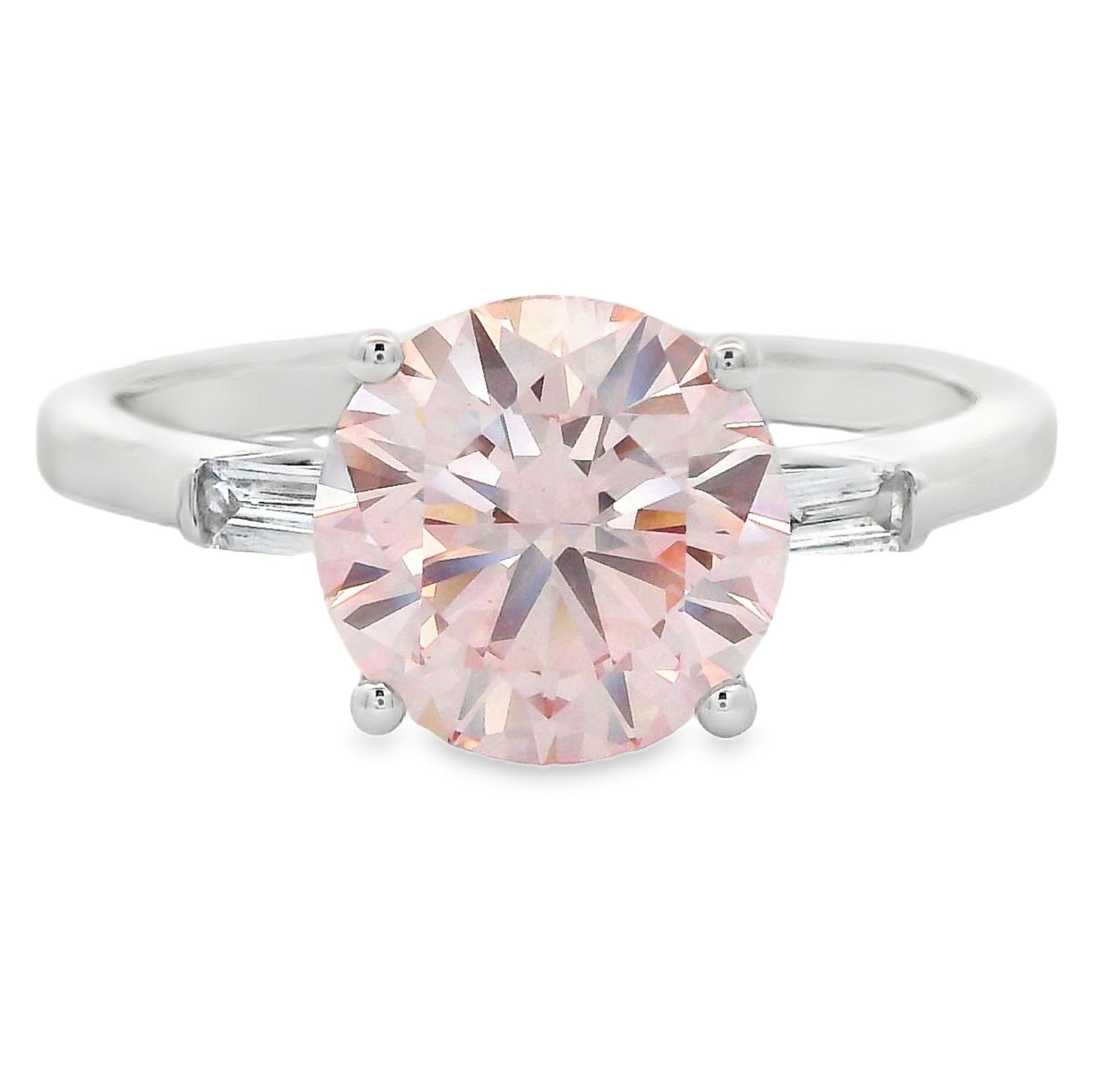 Round Pink Lab Grown Diamond Engagement Ring Baguette Sides 14kt White Gold 2.25cttw - Gems by Gigi
