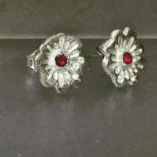 Ruby Flower Stud Earrings Fine Silver - Gems by Gigi