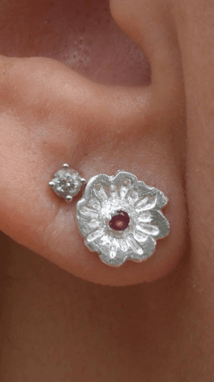 Ruby Flower Stud Earrings Fine Silver - Gems by Gigi