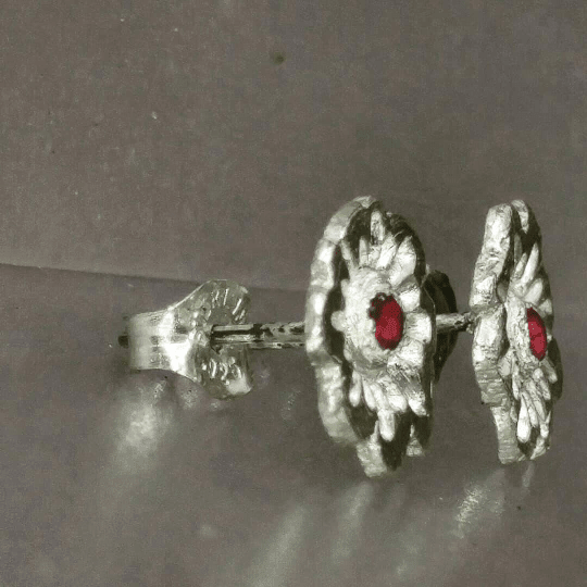 Ruby Flower Stud Earrings Fine Silver - Gems by Gigi