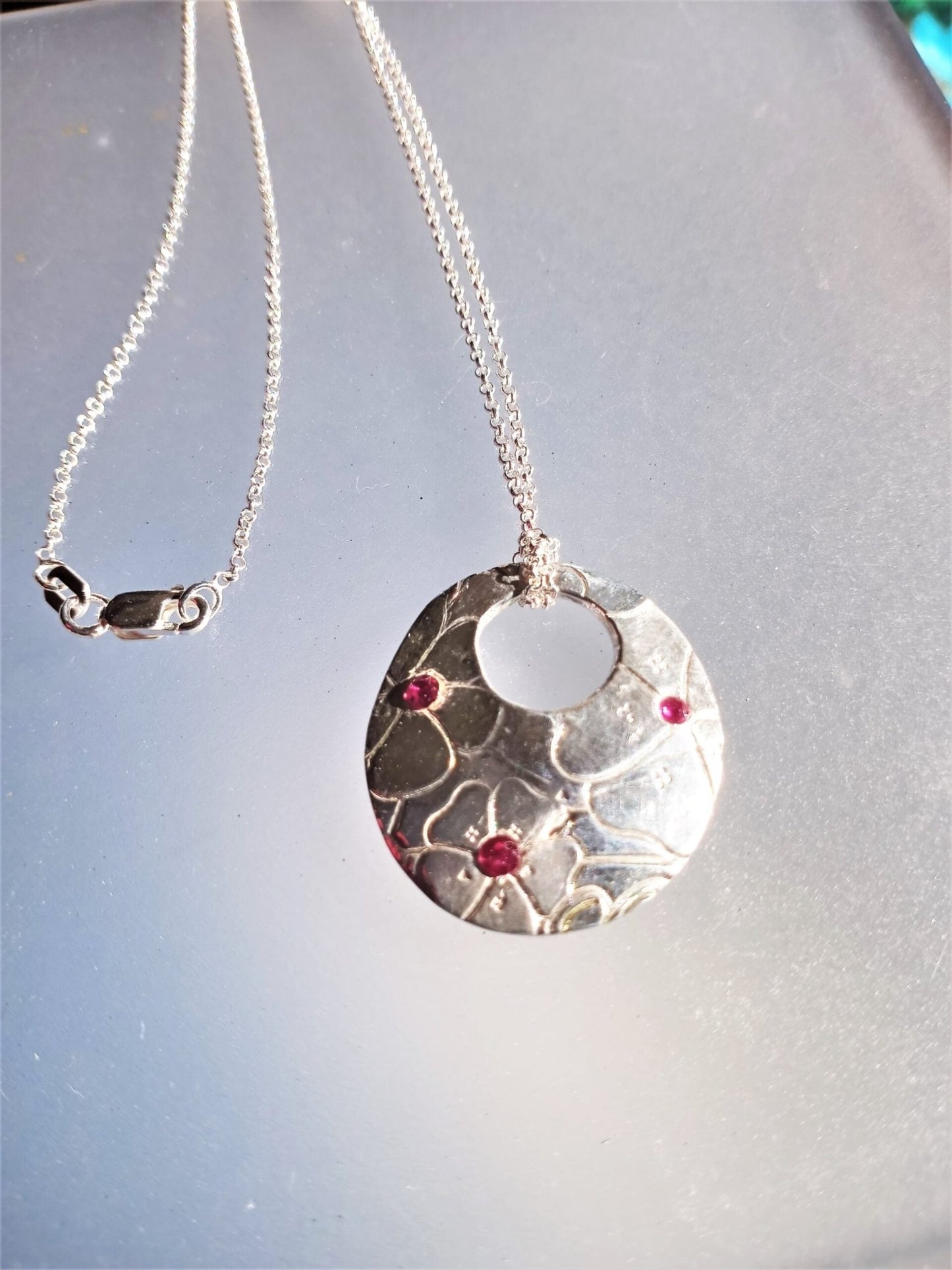 Ruby Hibiscus Flower Pendant Fine Silver - Gems by Gigi