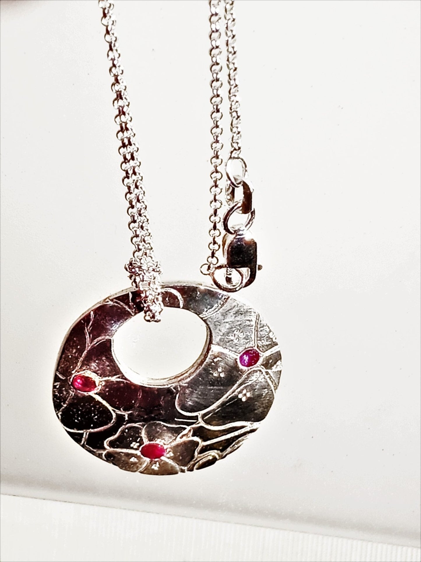 Ruby Hibiscus Flower Pendant Fine Silver - Gems by Gigi