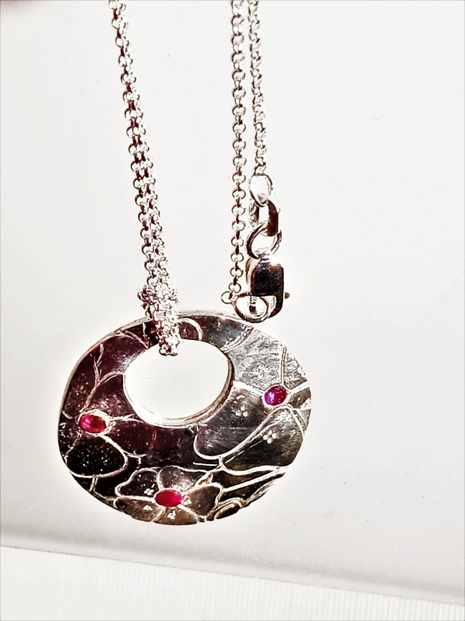 Ruby Hibiscus Flower Pendant Fine Silver - Gems by Gigi