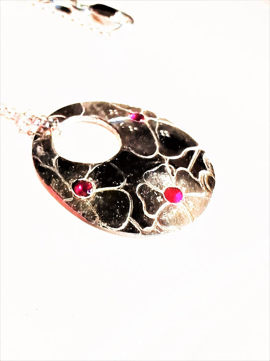 Ruby Hibiscus Flower Pendant Fine Silver - Gems by Gigi