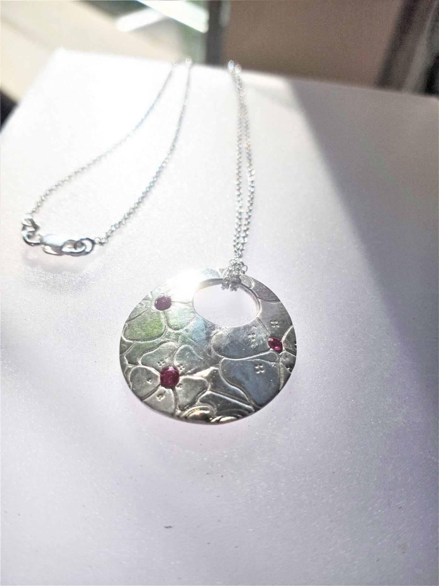 Ruby Hibiscus Flower Pendant Fine Silver - Gems by Gigi