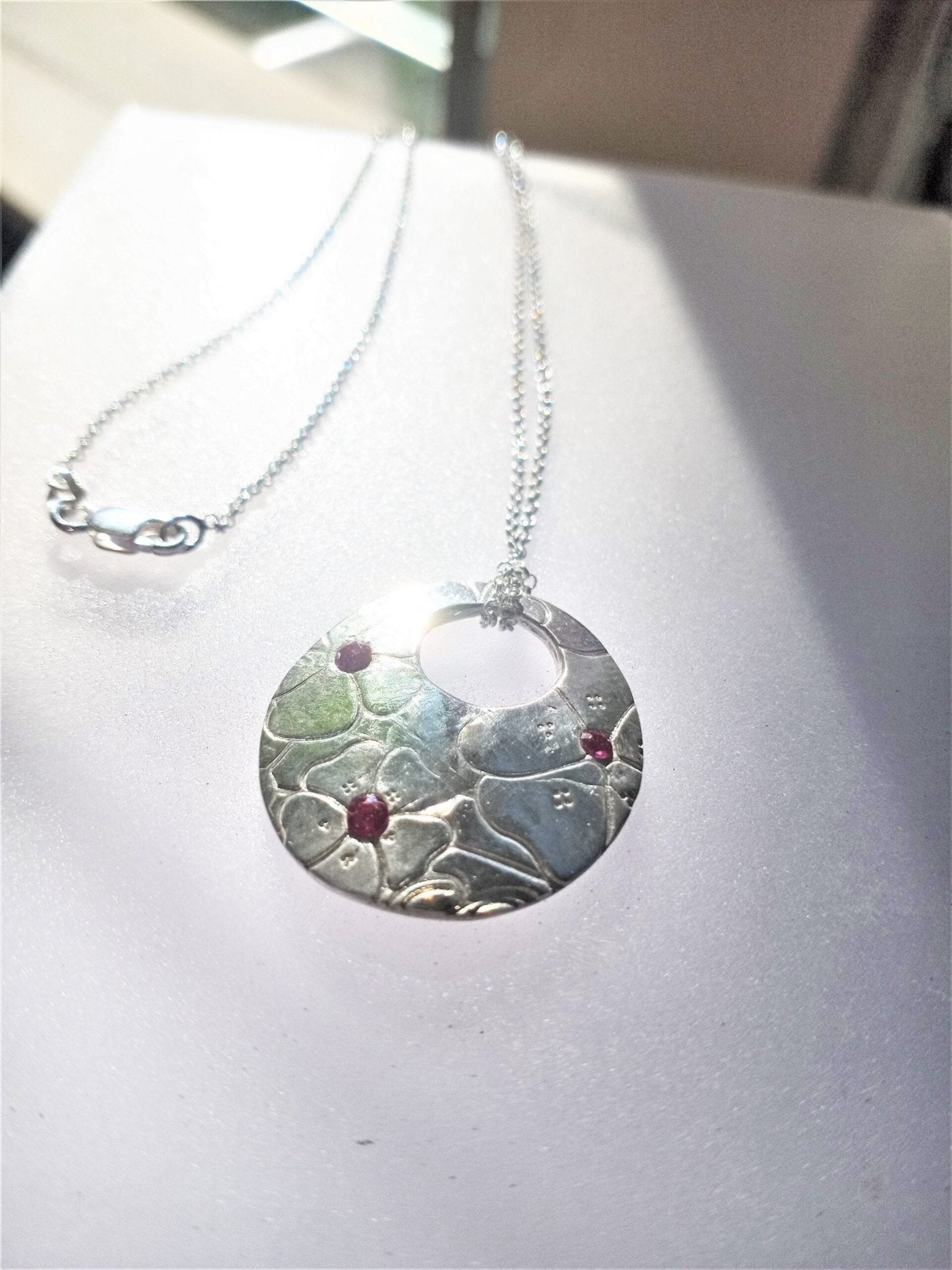 Ruby Hibiscus Flower Pendant Fine Silver - Gems by Gigi