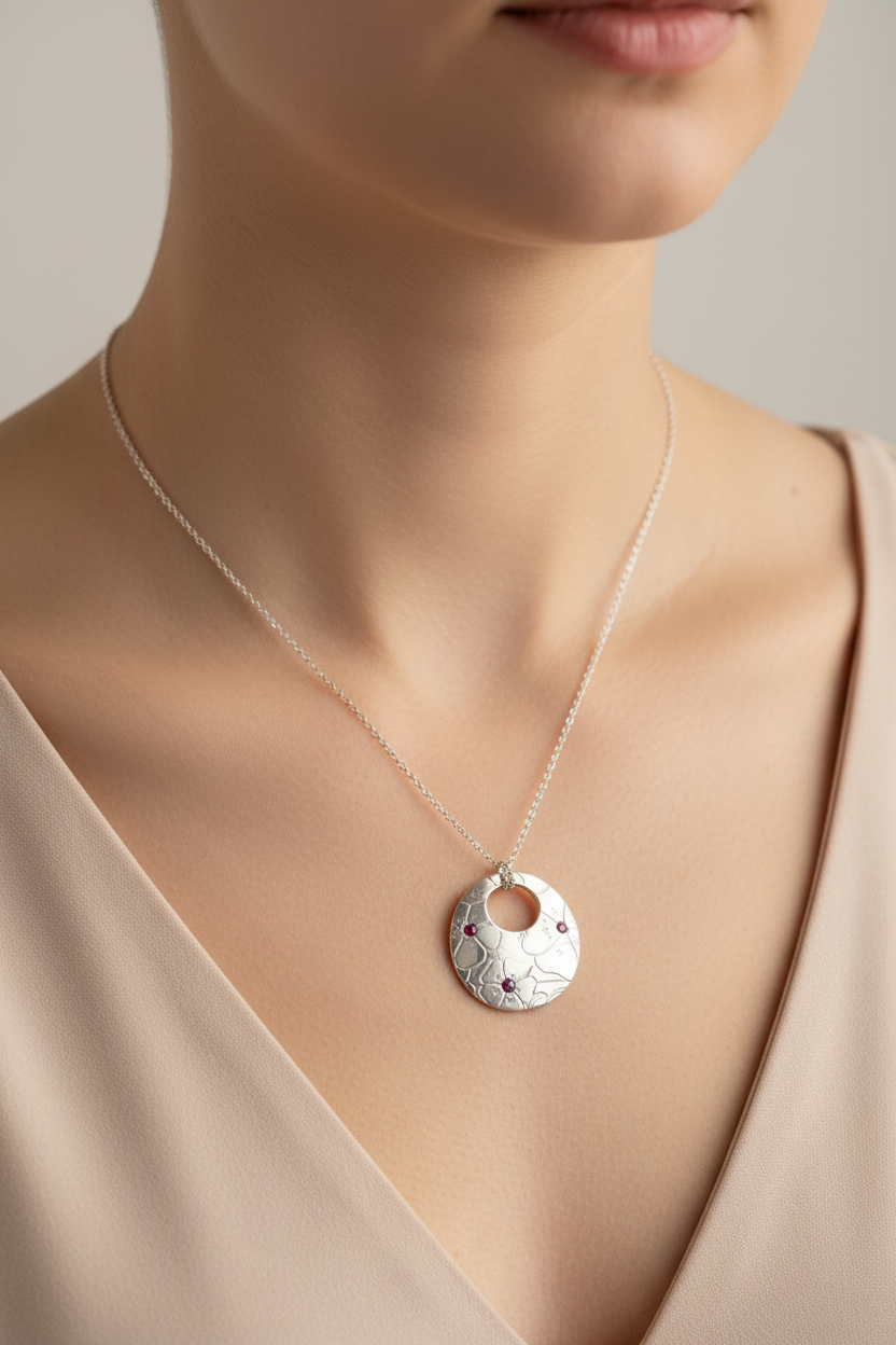 Ruby Hibiscus Flower Pendant Fine Silver