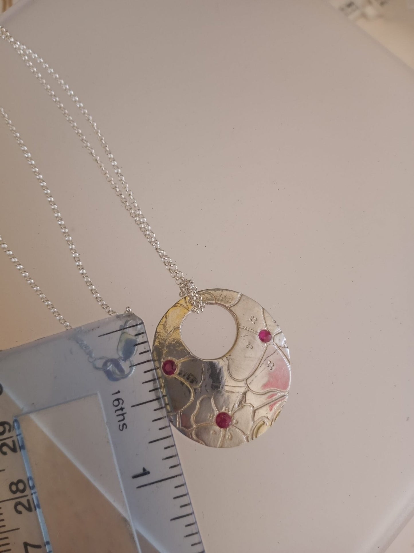 Ruby Hibiscus Flower Pendant Fine Silver - Gems by Gigi