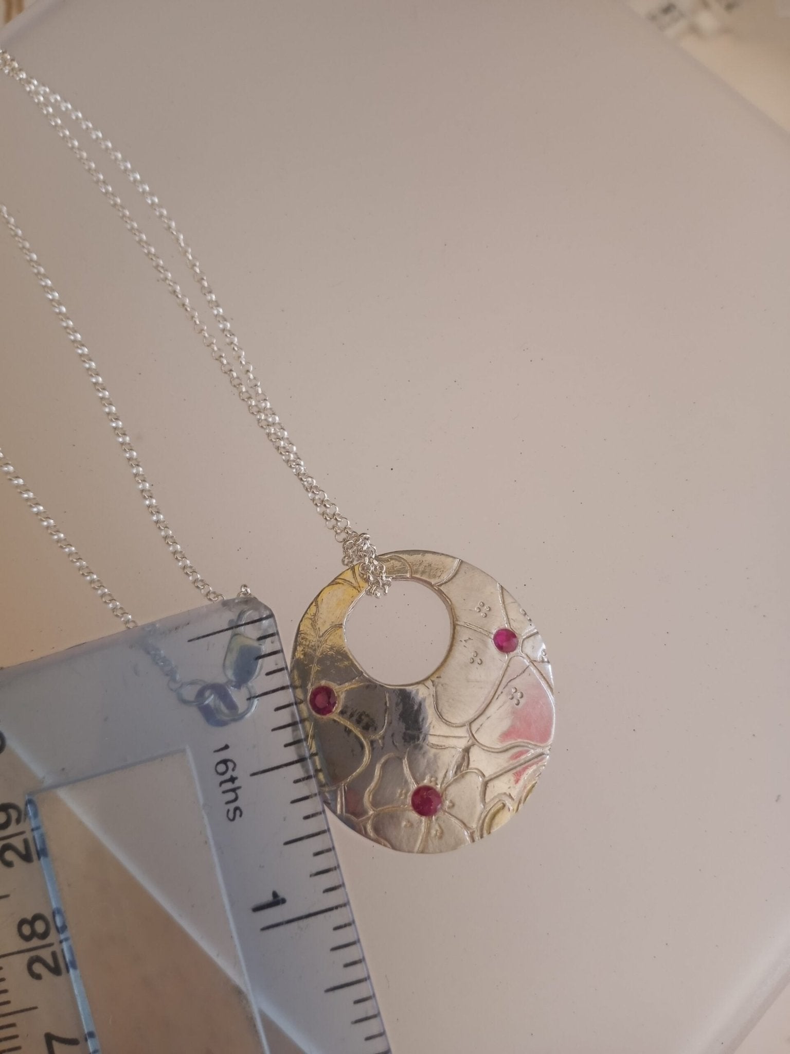 Ruby Hibiscus Flower Pendant Fine Silver - Gems by Gigi