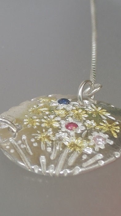 Ruby Sapphire Fireworks Medallion Necklace Silver 22kt - Gems by Gigi
