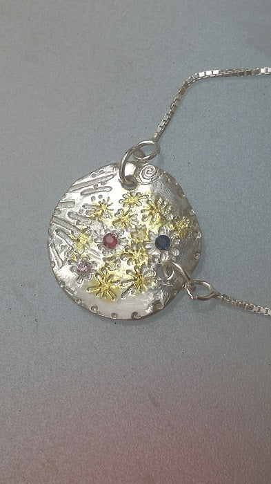 Ruby Sapphire Fireworks Medallion Necklace Silver 22kt - Gems by Gigi