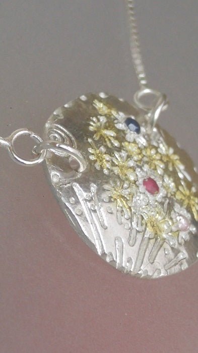 Ruby Sapphire Fireworks Medallion Necklace Silver 22kt - Gems by Gigi