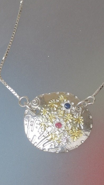 Ruby Sapphire Fireworks Medallion Necklace Silver 22kt - Gems by Gigi
