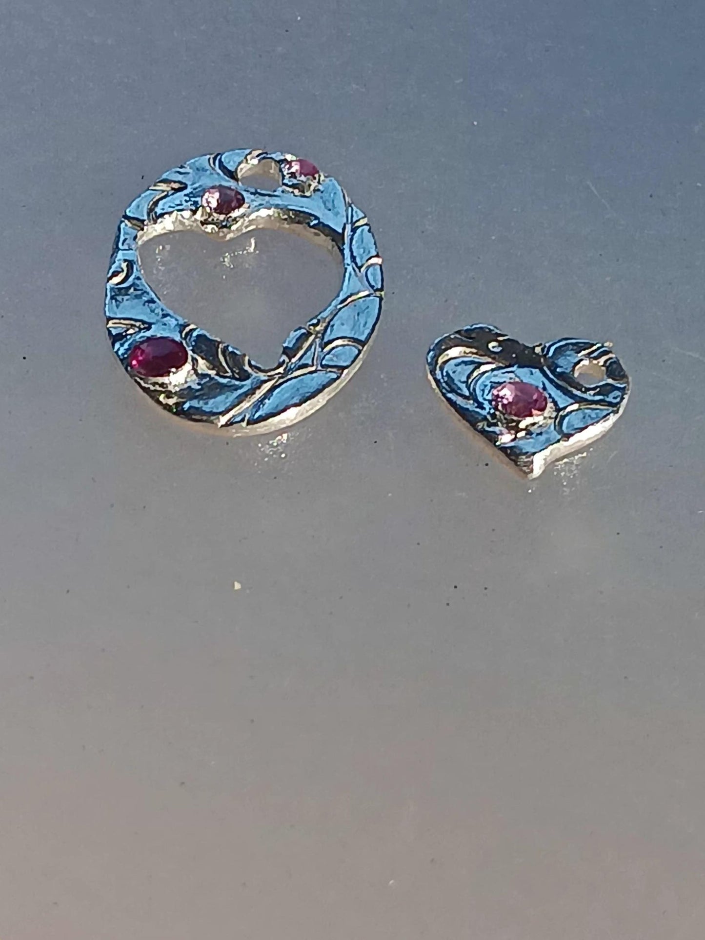 Ruby Sapphire Heart Pendant Set Fine Silver To the Moon and Back - Gems by Gigi