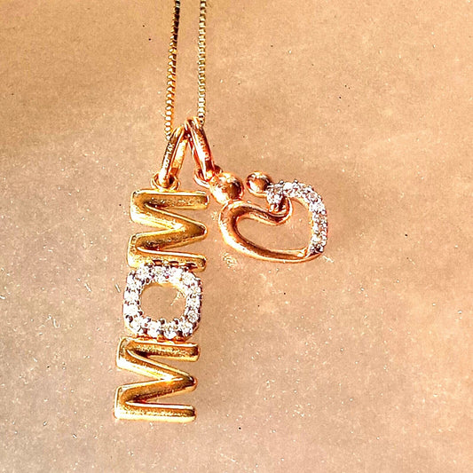 10kt gold diamond mom and mother child pendant necklace yellow and rose gold with chain
