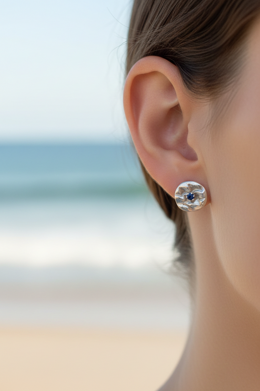 Scale Reversible Circle Earring Jackets with Sapphire Studs Sterling Silver
