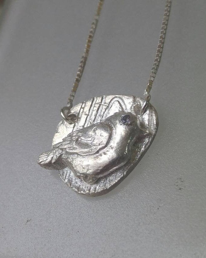 Sapphire Bird Pendant Necklace Textured Background Fine Silver - Gems by Gigi