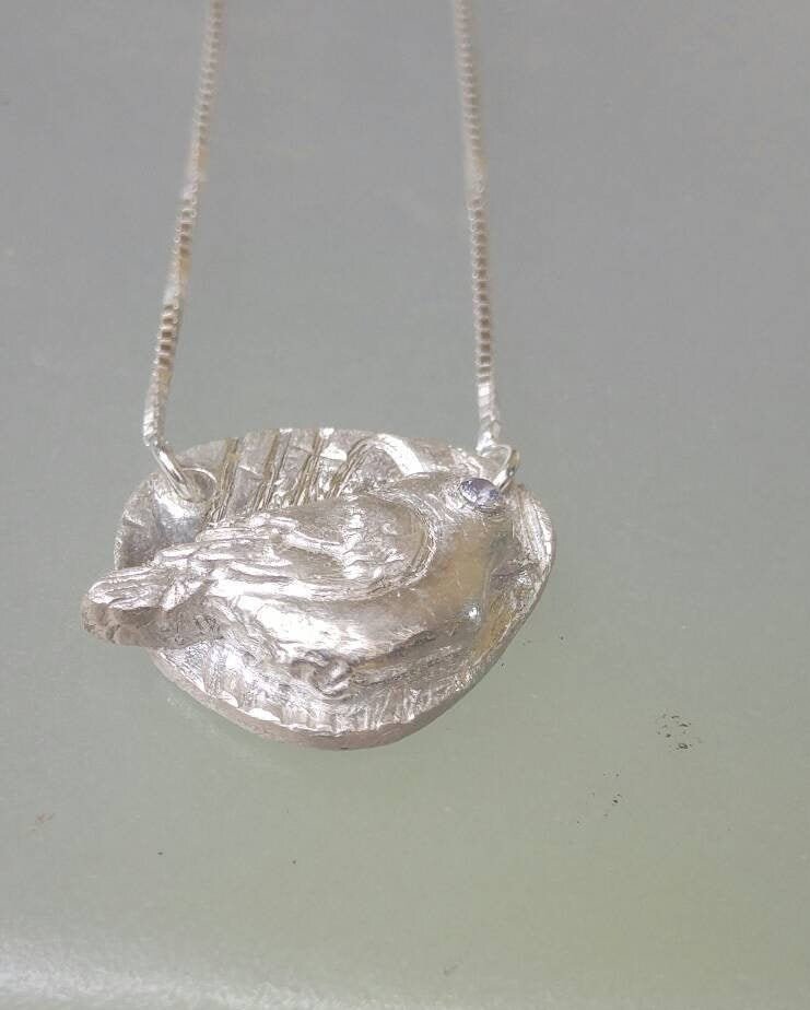 Sapphire Bird Pendant Necklace Textured Background Fine Silver - Gems by Gigi