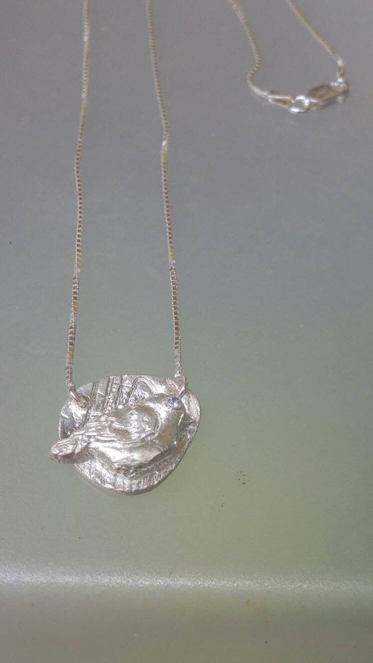 Sapphire Bird Pendant Necklace Textured Background Fine Silver - Gems by Gigi