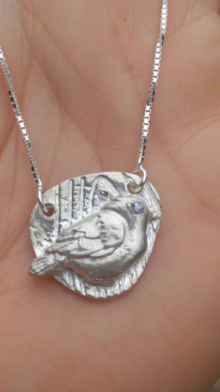 Sapphire Bird Pendant Necklace Textured Background Fine Silver - Gems by Gigi