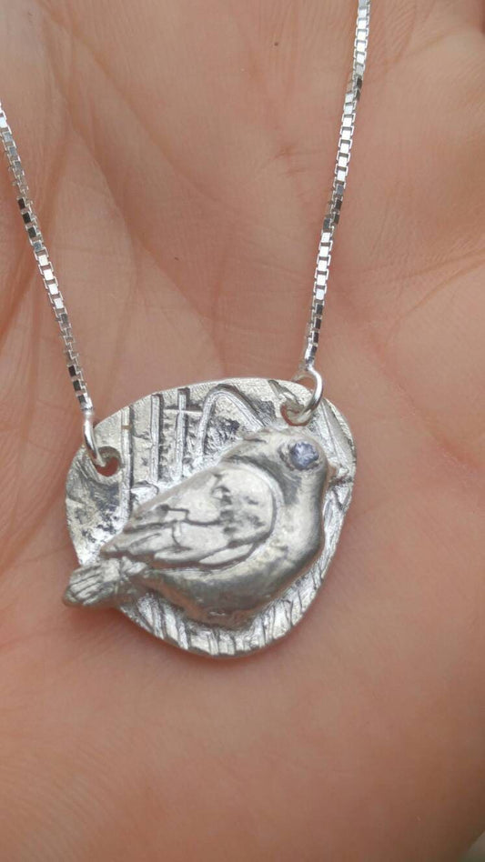Sapphire Bird Pendant Necklace Textured Background Fine Silver - Gems by Gigi