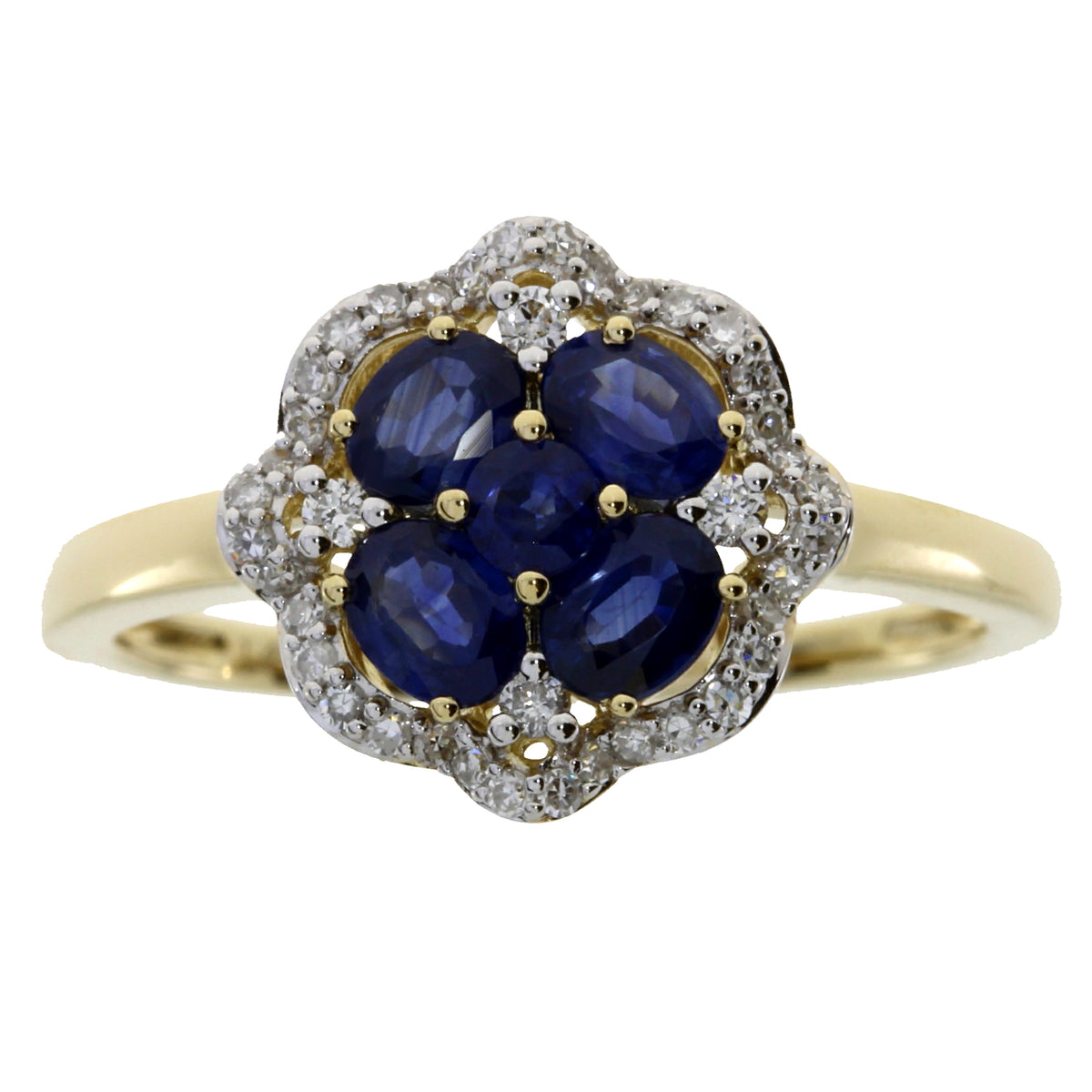 A yellow gold ring featuring a flower-shaped cluster with five oval deep blue sapphires surrounded by a halo of small clear pavé stones, set against a plain white background.