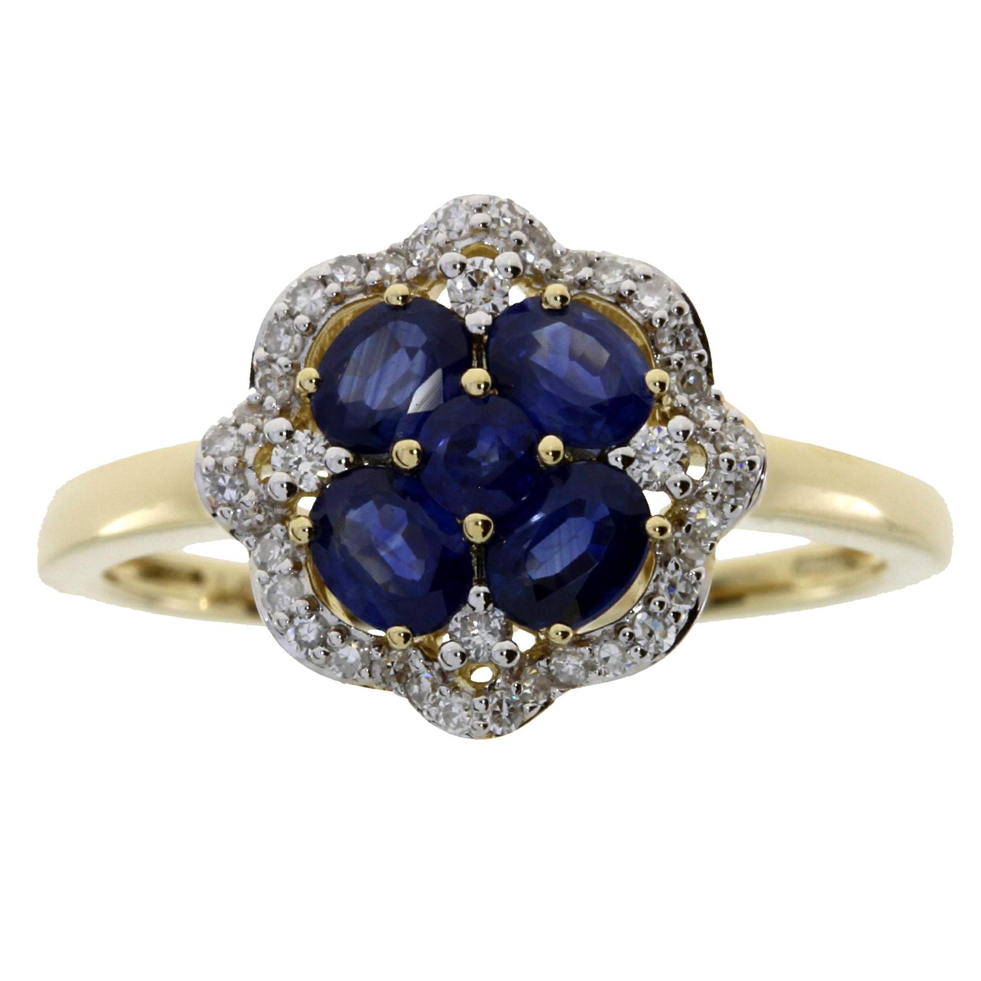 A yellow gold ring featuring a flower-shaped cluster with five oval deep blue sapphires surrounded by a halo of small clear pavé stones, set against a plain white background.