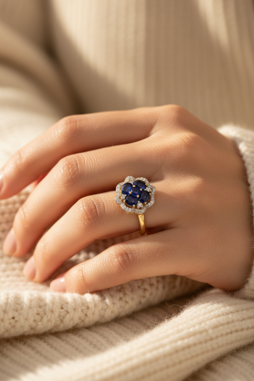 1.37ct Sapphire Diamond Halo Ring Yellow Gold 14kt