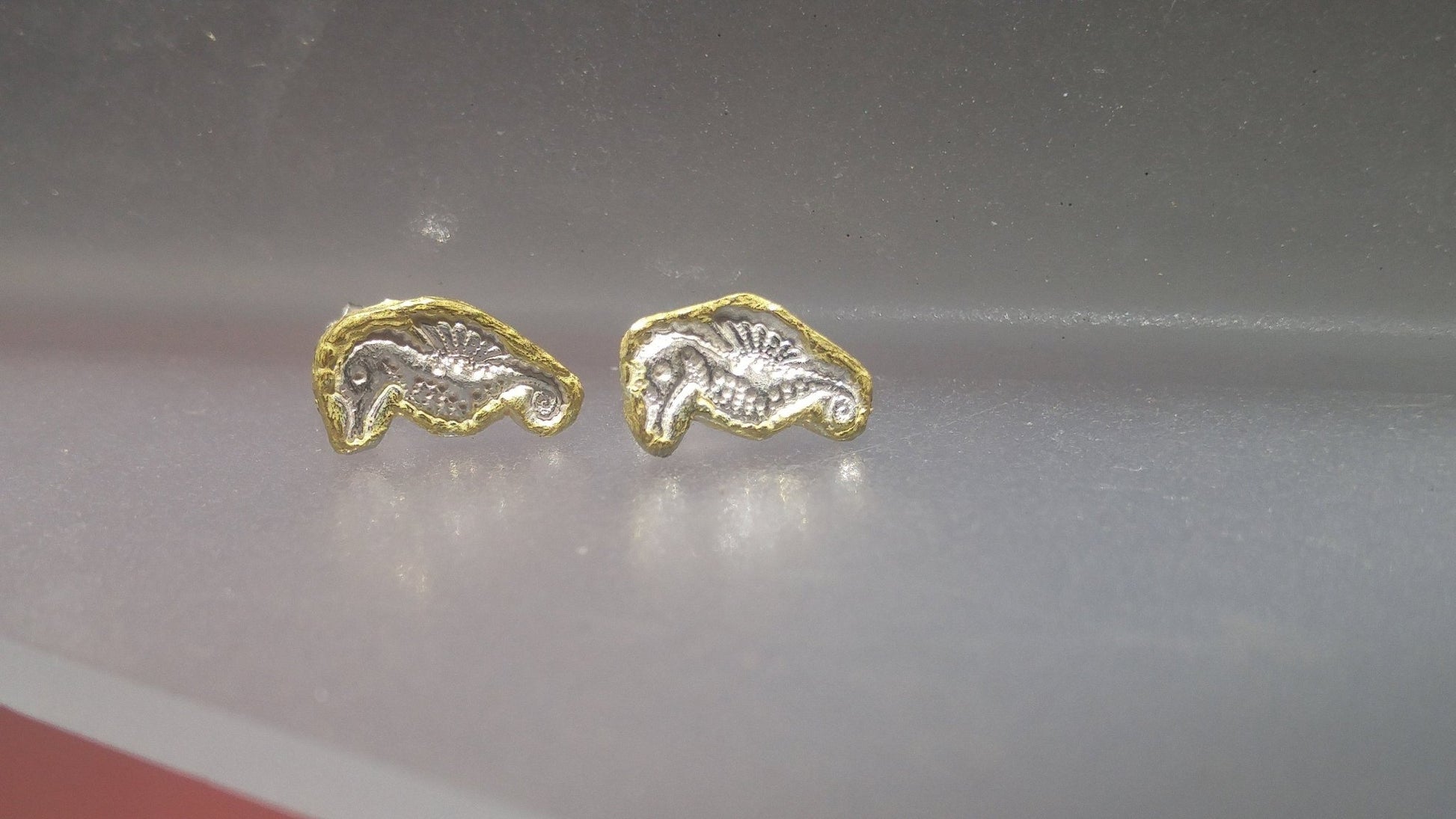 Seahorse Stud Earrings Fine Silver 22kt Gold - Gems by Gigi
