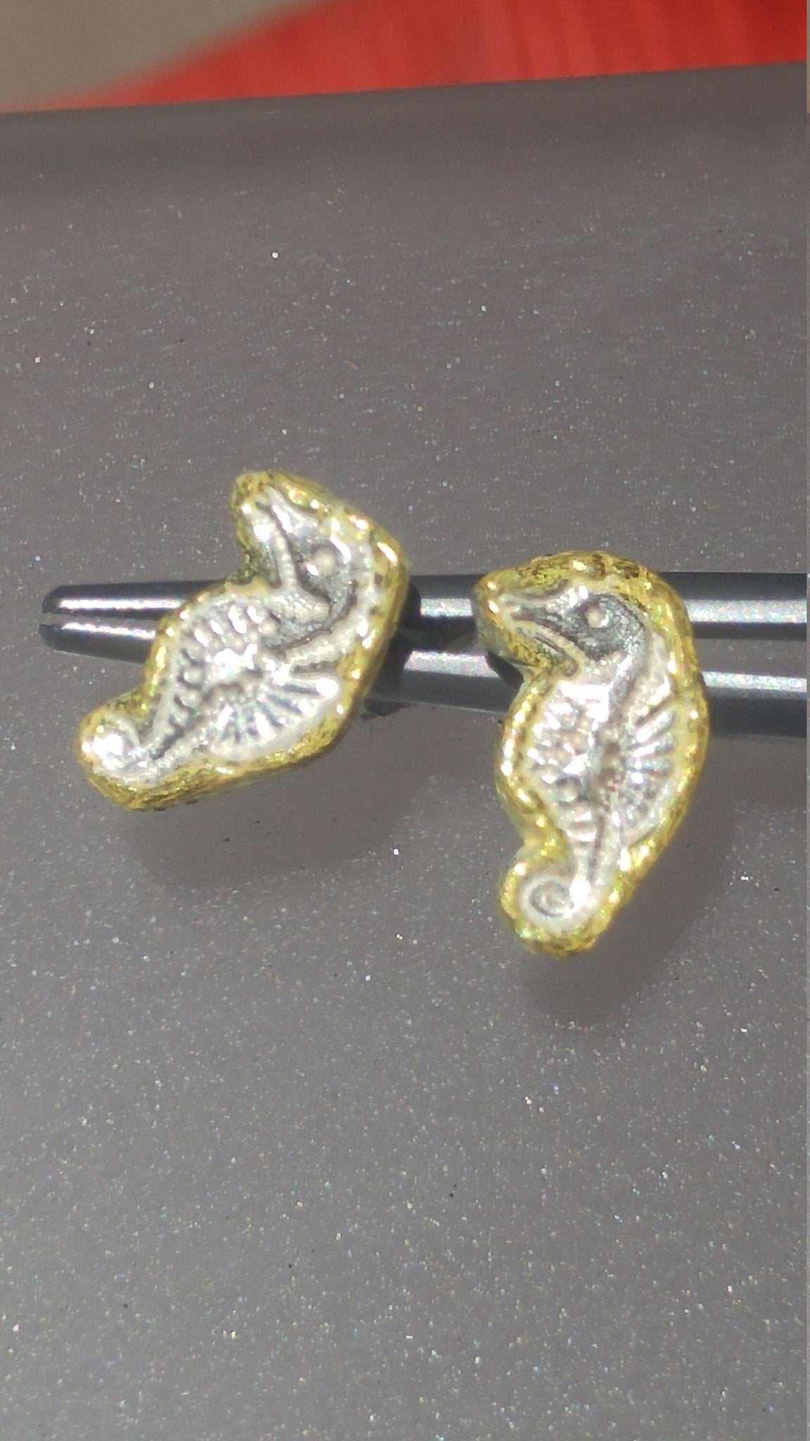 Seahorse Stud Earrings Fine Silver 22kt Gold - Gems by Gigi