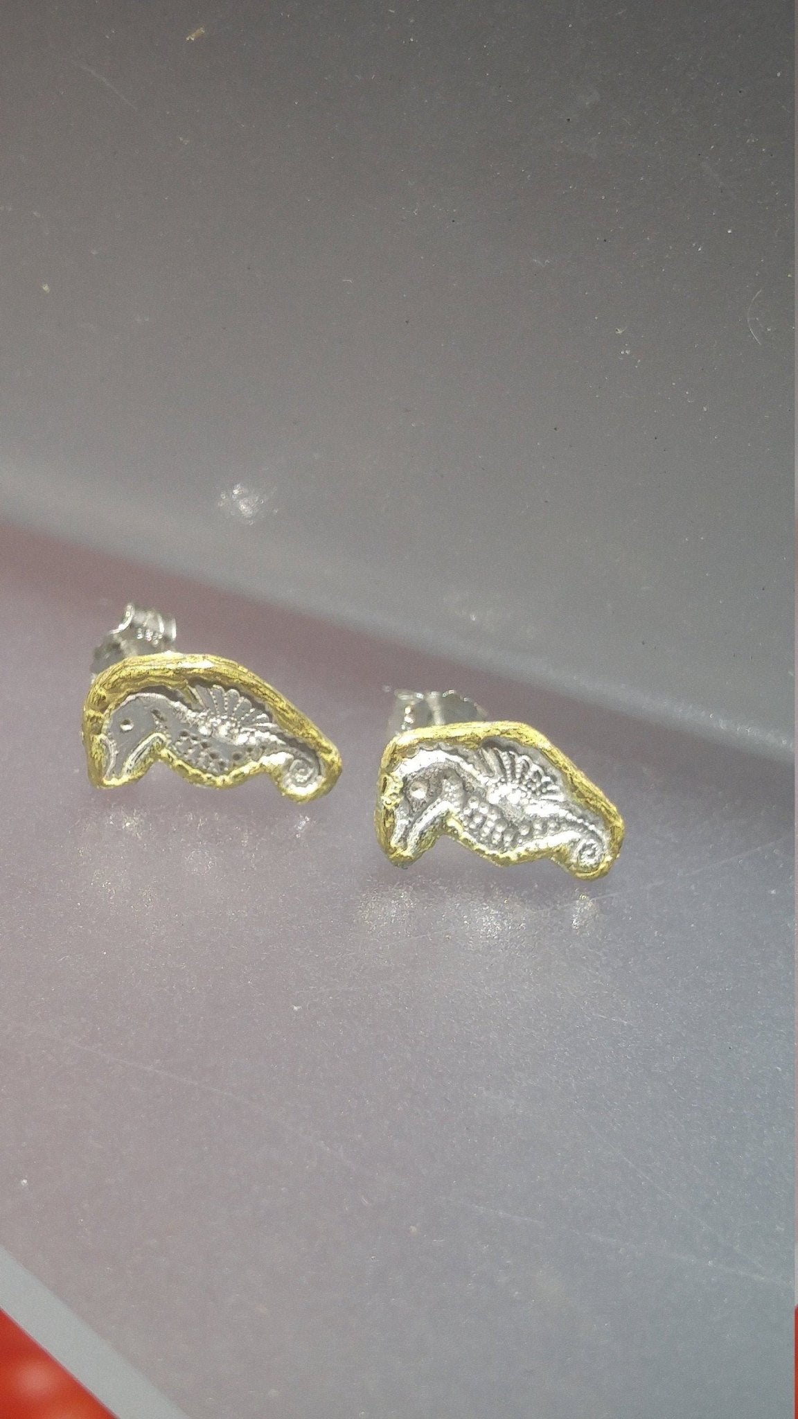 Seahorse Stud Earrings Fine Silver 22kt Gold - Gems by Gigi
