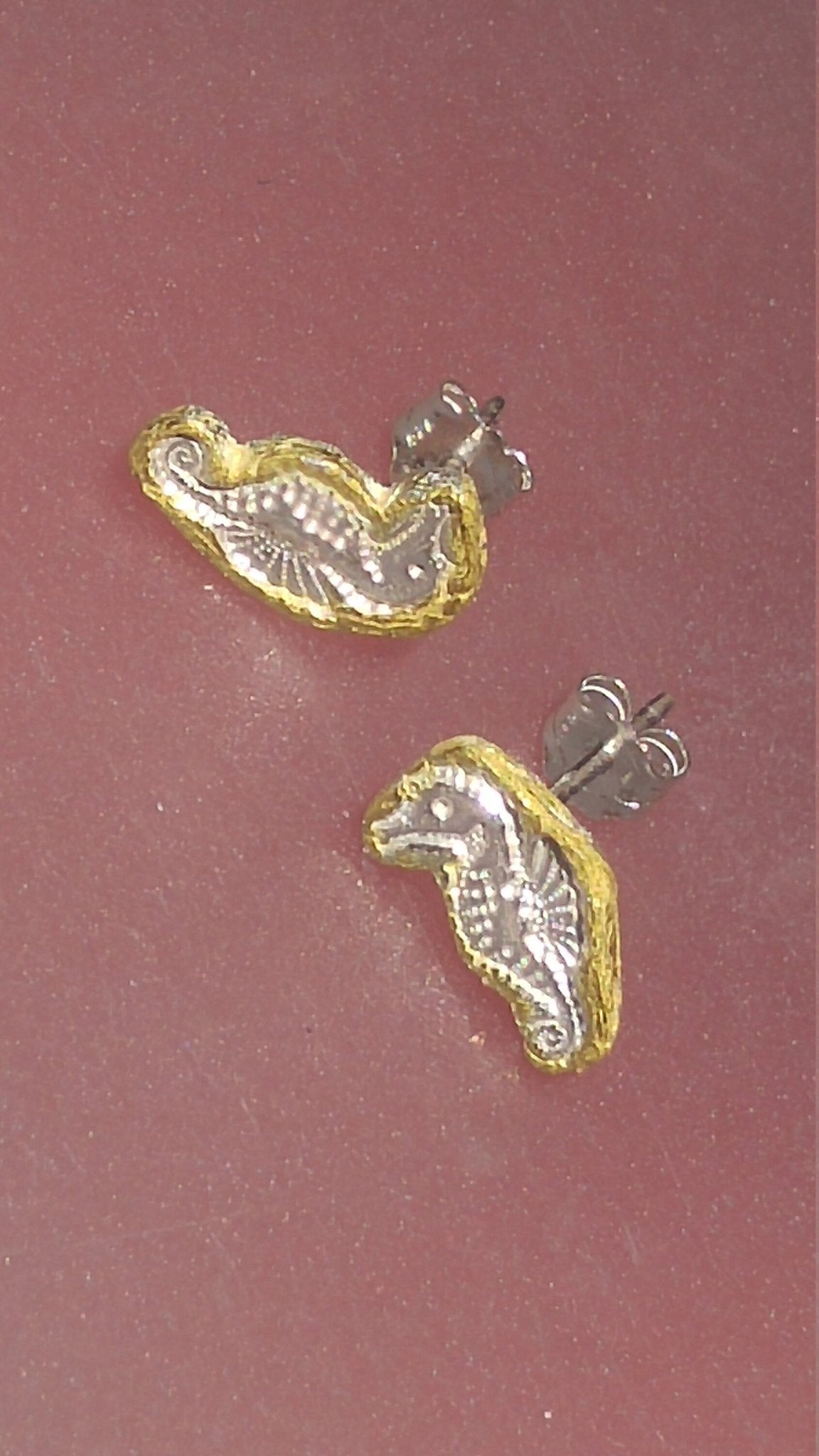 Seahorse Stud Earrings Fine Silver 22kt Gold - Gems by Gigi