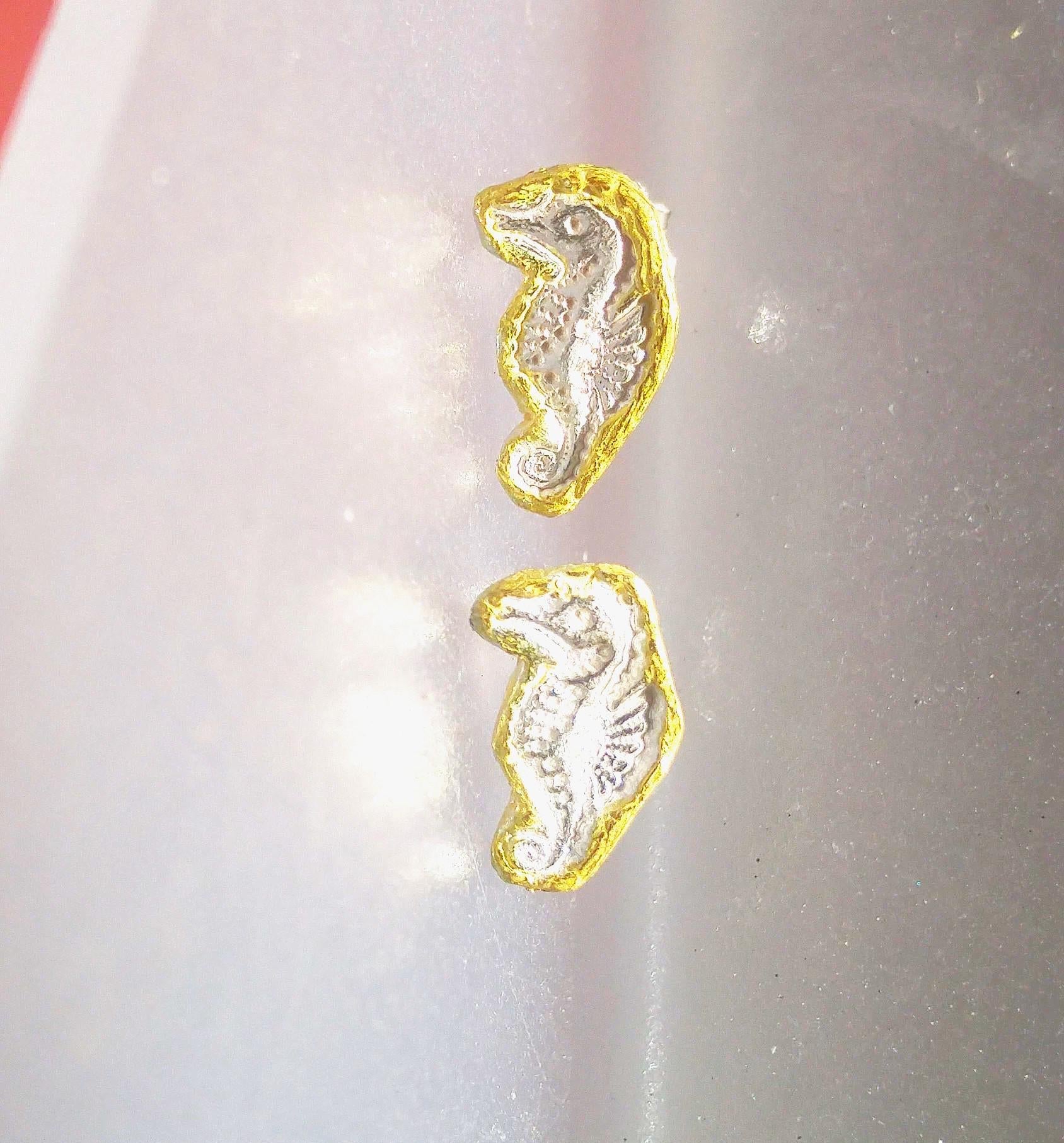 Seahorse Stud Earrings Fine Silver 22kt Gold - Gems by Gigi