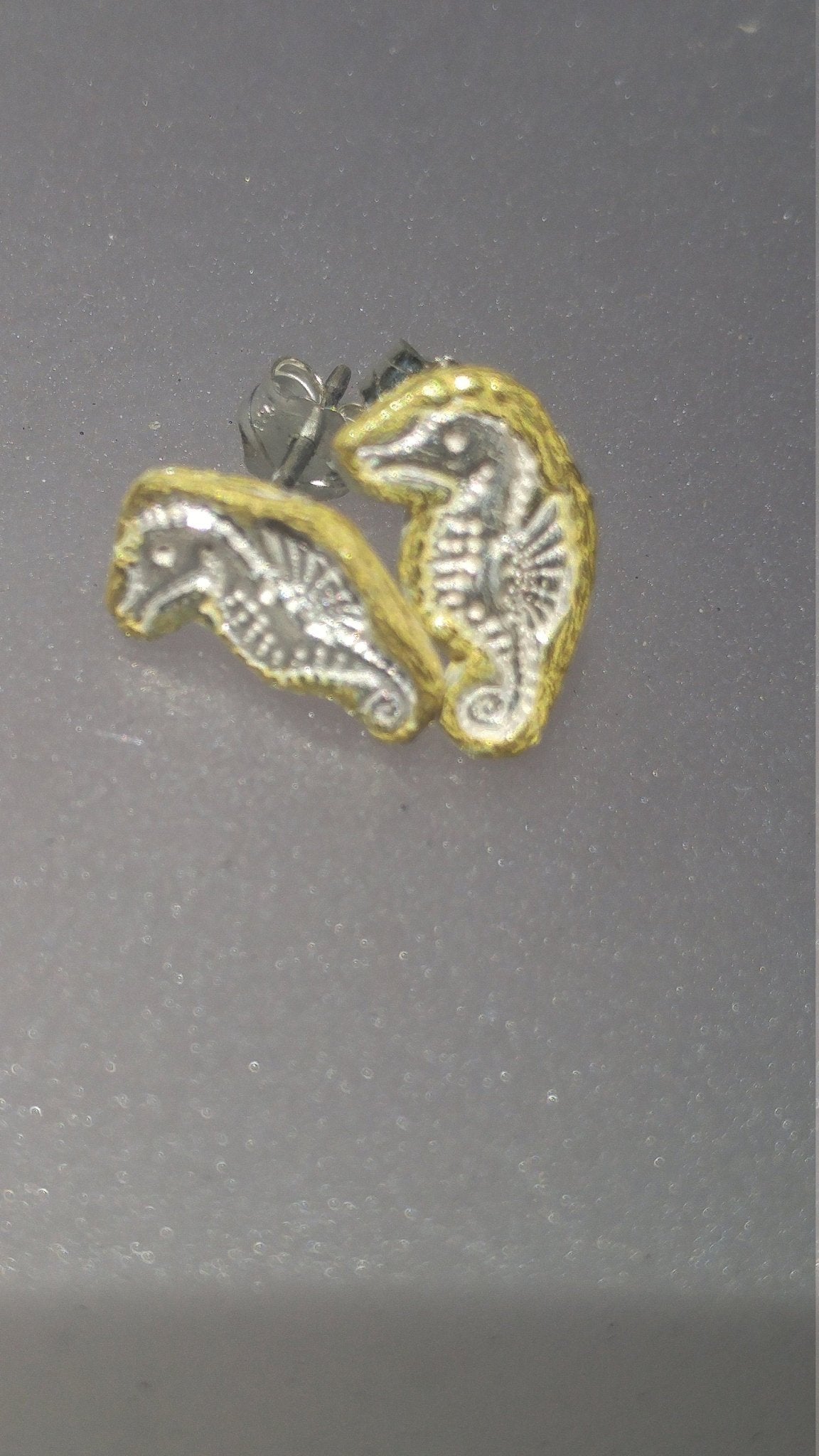 Seahorse Stud Earrings Fine Silver 22kt Gold - Gems by Gigi