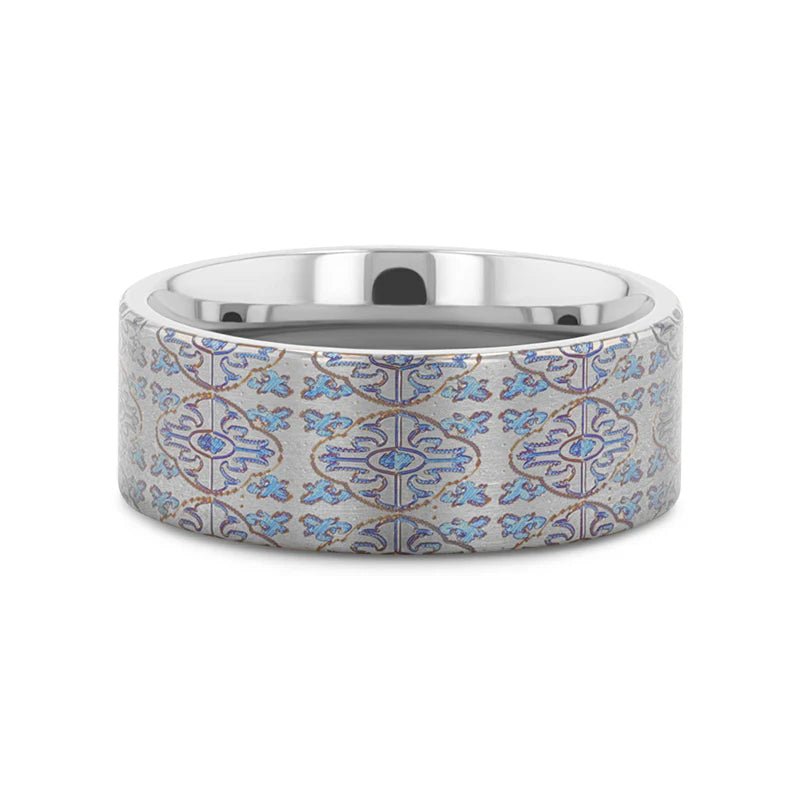 SOLACE Flat Titanium Wedding Band Ring Engraved Cross Pattern - Gems by Gigi