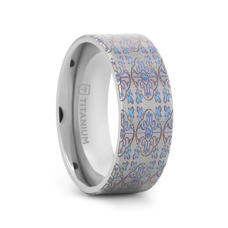SOLACE Flat Titanium Wedding Band Ring Engraved Cross Pattern - Gems by Gigi