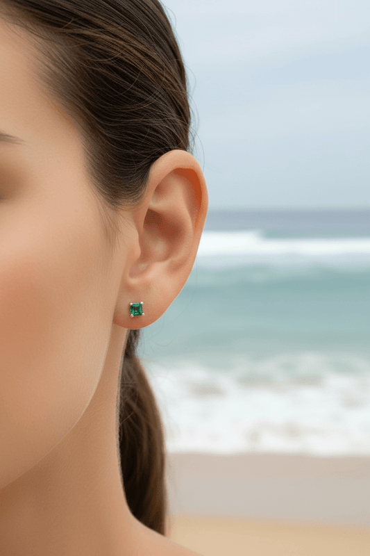 Square Colombian Emerald Stud Earrings White Gold 14kt - Gems by Gigi
