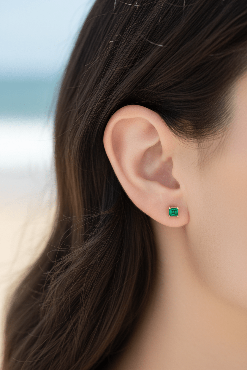 Square Colombian Emerald Stud Earrings Yellow Gold 14kt - Gems by Gigi