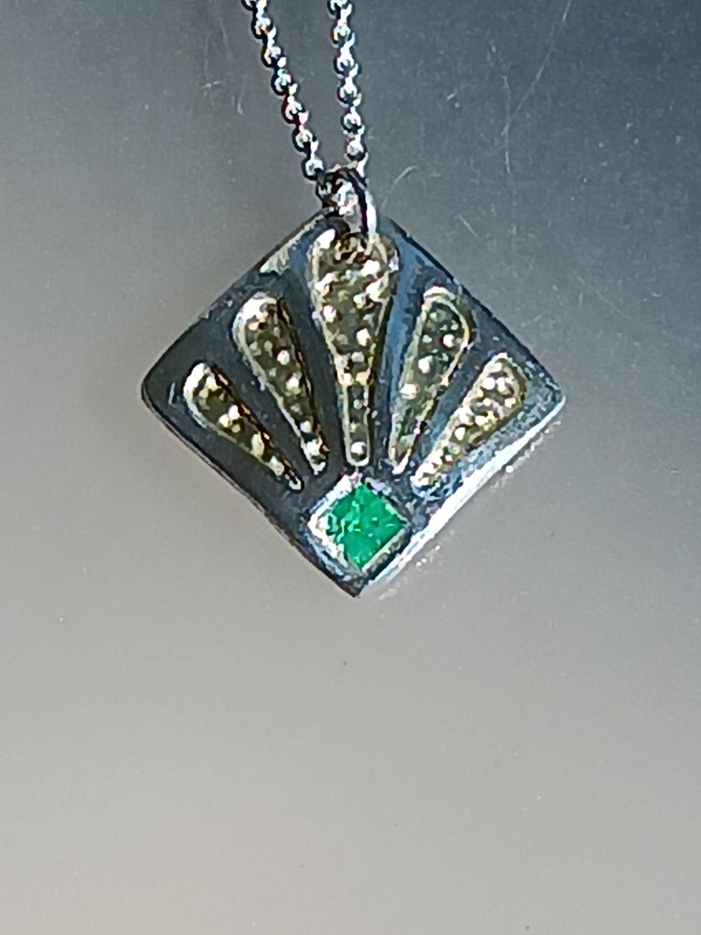 Square Emerald Two Tone Peacock Pendant Fine Silver 22kt Gold - Gems by Gigi