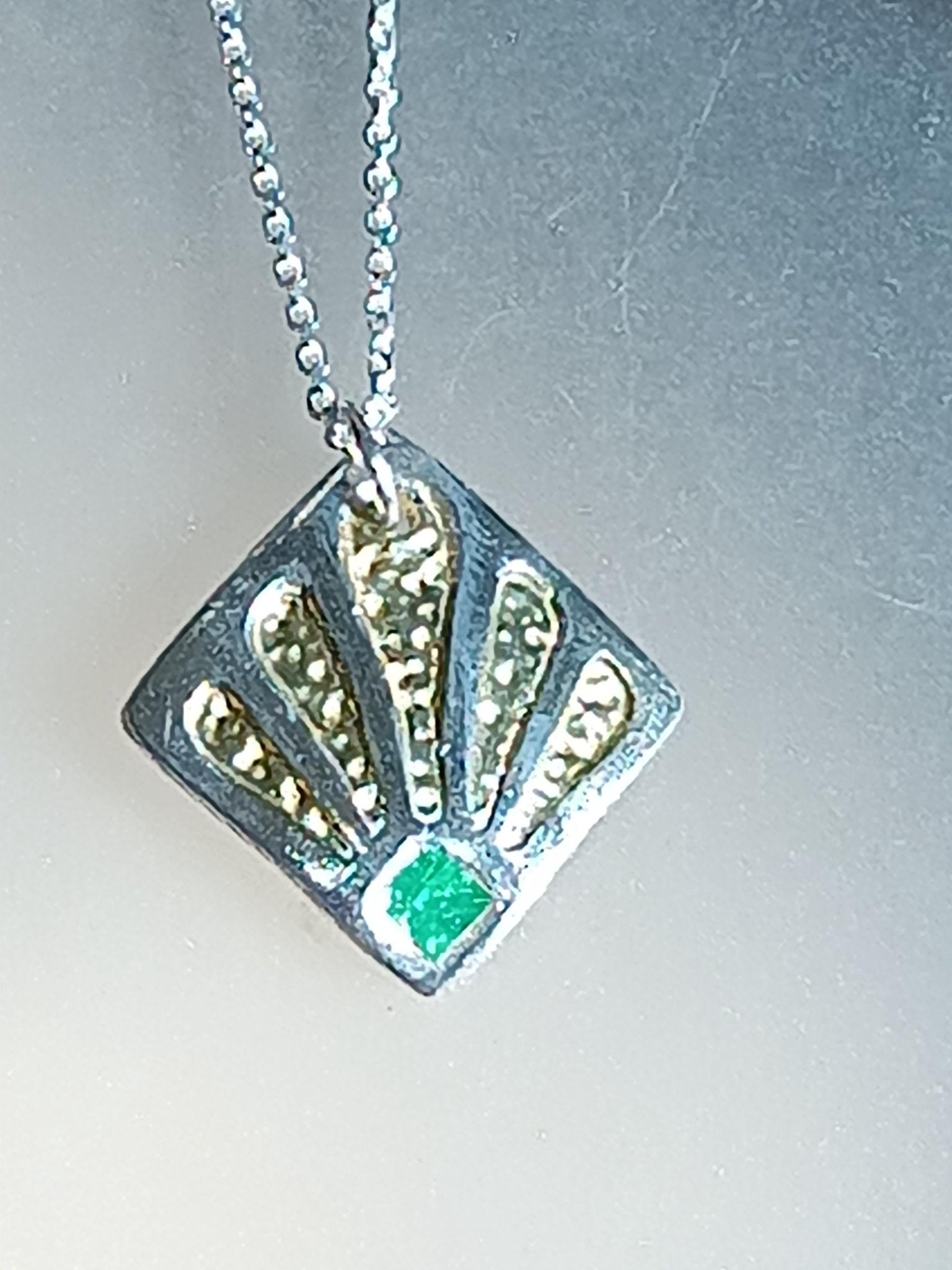 Square Emerald Two Tone Peacock Pendant Fine Silver 22kt Gold - Gems by Gigi