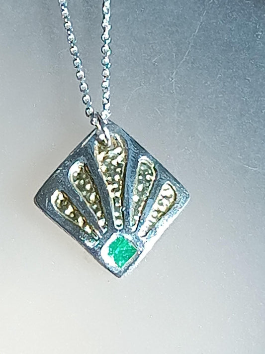 Square Emerald Two Tone Peacock Pendant Fine Silver 22kt Gold - Gems by Gigi