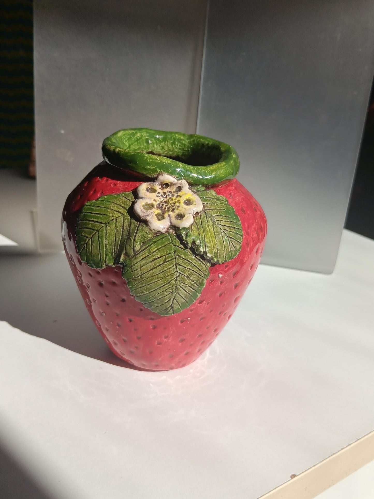 Strawberry Vase Handmade Ceramic Red Green Leaf Flower Accent - Gems by Gigi