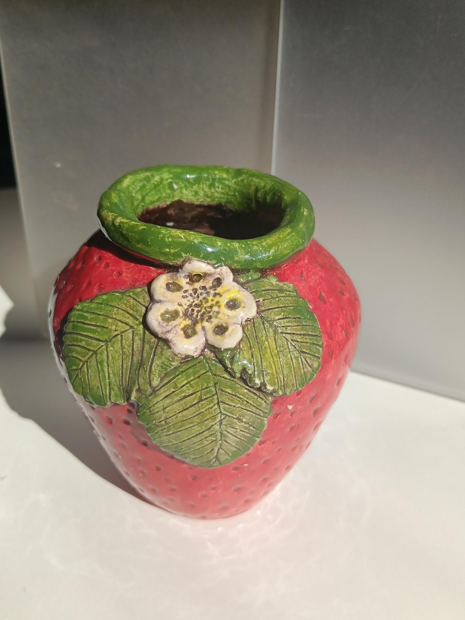 Strawberry Vase Handmade Ceramic Red Green Leaf Flower Accent - Gems by Gigi