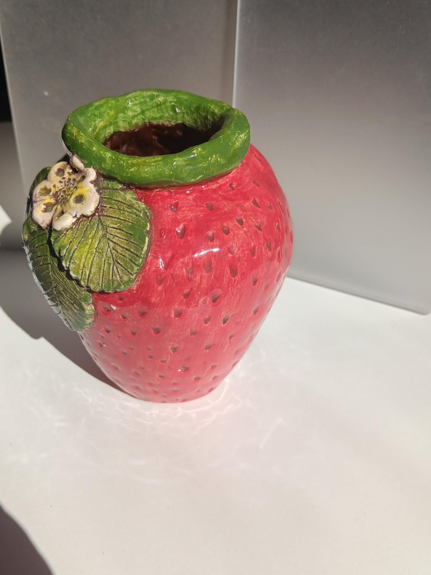 Strawberry Vase Handmade Ceramic Red Green Leaf Flower Accent - Gems by Gigi