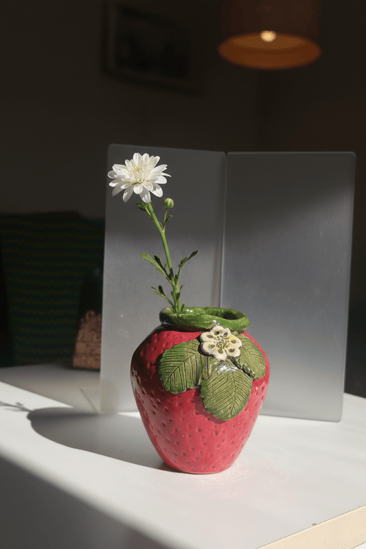 Strawberry Vase Handmade Ceramic Red Green Leaf Flower Accent - Gems by Gigi