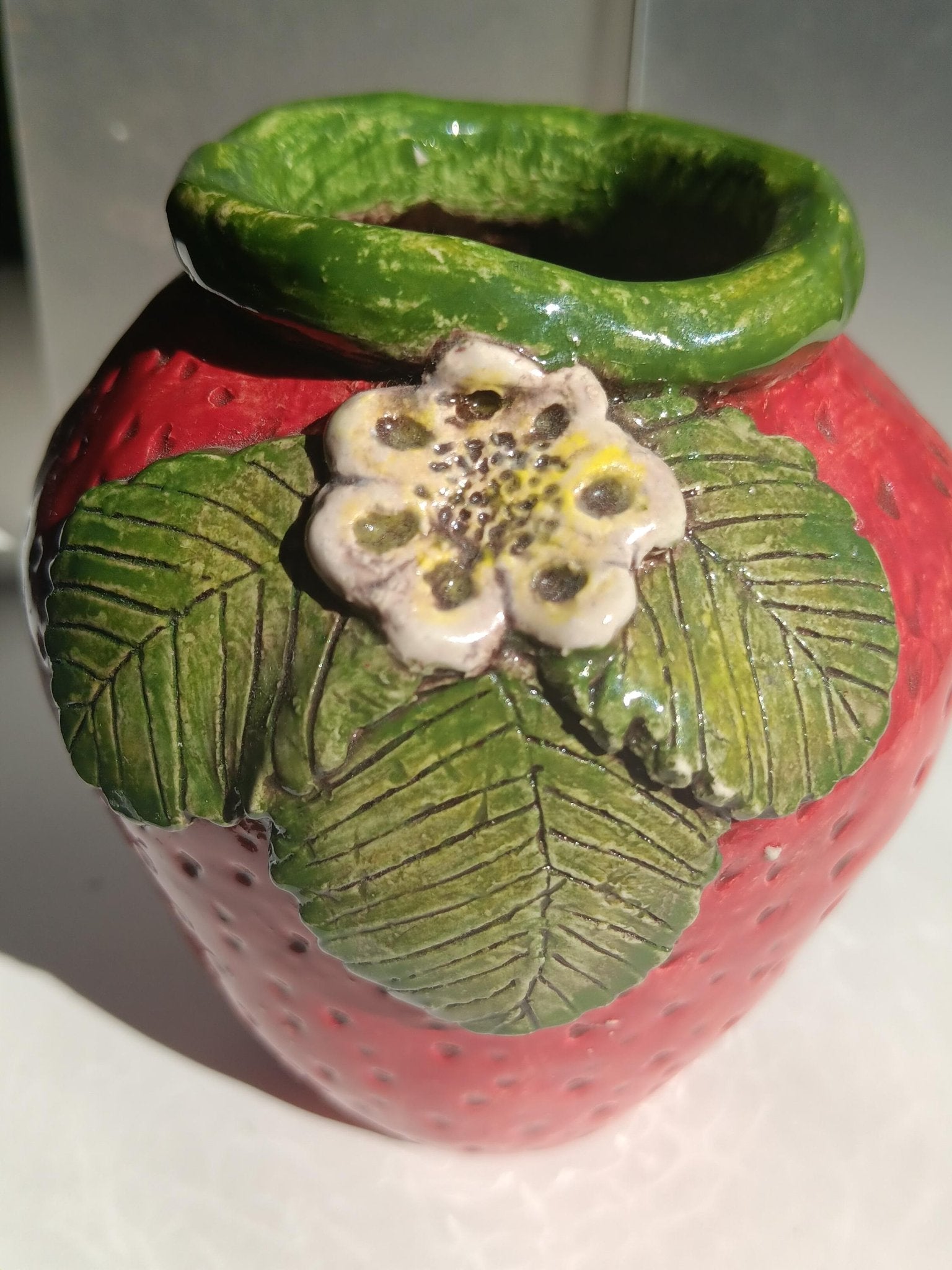 Strawberry Vase Handmade Ceramic Red Green Leaf Flower Accent - Gems by Gigi