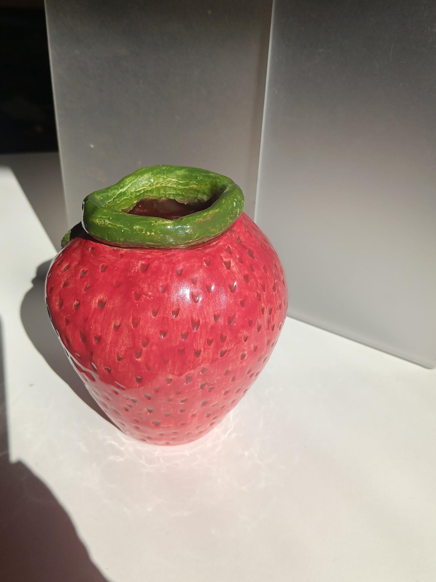 Strawberry Vase Handmade Ceramic Red Green Leaf Flower Accent - Gems by Gigi