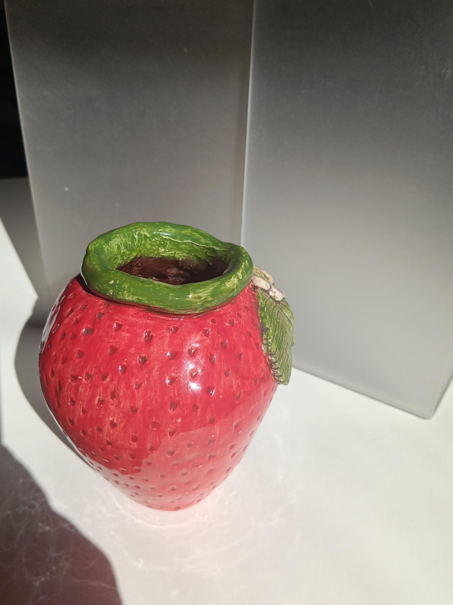 Strawberry Vase Handmade Ceramic Red Green Leaf Flower Accent - Gems by Gigi
