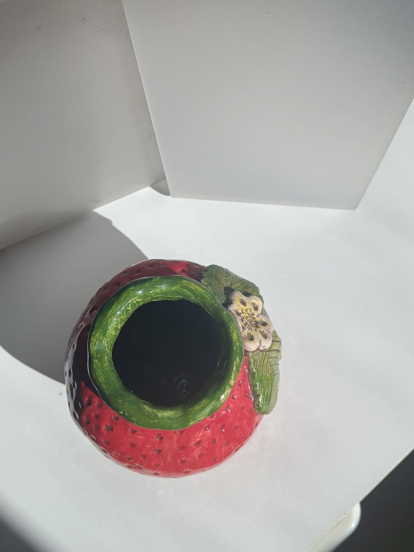 Strawberry Vase Handmade Ceramic Red Green Leaf Flower Accent - Gems by Gigi